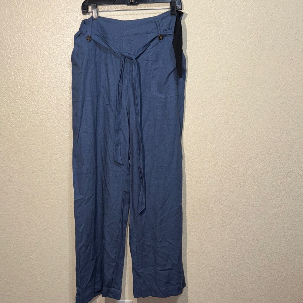 Beau Dawson Blue Linen Blend Pants XL Wide Leg Tie Waist Coastal Casual